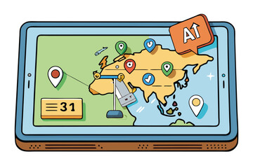 Wall Mural - Creative illustration of a tablet displaying a digital map with AI suggestions, waypoints, and modern navigation features for travel assistance