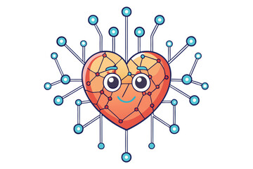 Wall Mural - Cartoon heart embedded with neural connections, representing innovation, AI, and the integration of technology with feelings