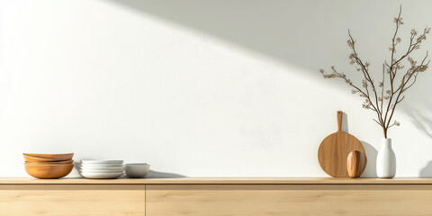 Wall Mural - Minimalist kitchen decor with wooden bowls and a vase on a clean countertop