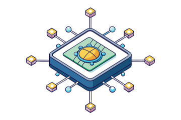 Wall Mural - futuristic illustration of a glowing quantum computing chip connected to nodes representing advanced