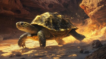 Poster - A large golden tortoise powerfully strides across a sunlit sandy canyon.