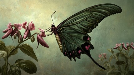 Wall Mural - A large, iridescent green butterfly with pink accents delicately lands on a cluster of pink flowers against a muted background.