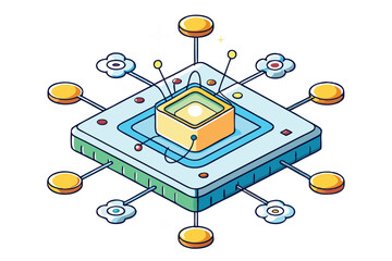 Wall Mural - vibrant 3d illustration of a quantum processor with glowing nodes, emphasizing futuristic computing,