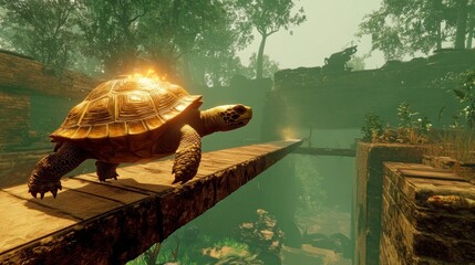 Sticker - A large turtle walks a narrow stone path through a mystical jungle, glowing lights illuminating its journey.