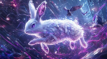 Wall Mural - A magical white rabbit levitates amidst vibrant purple and blue energy streams, accompanied by flying birds.