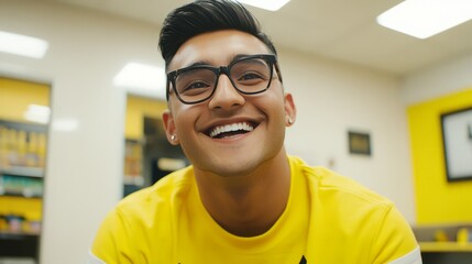 Young man smiling brightly in a cheerful, vibrant environment.