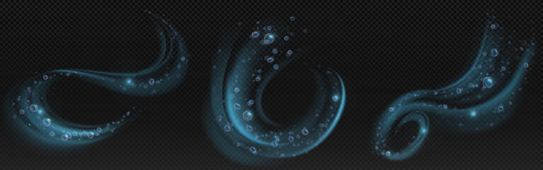 Wall Mural - luminous bubble swirl effects in blue color with transparent spheres along curved paths. glowing spi