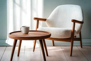 Wall Mural - A wooden coffee table sits next to a white chair