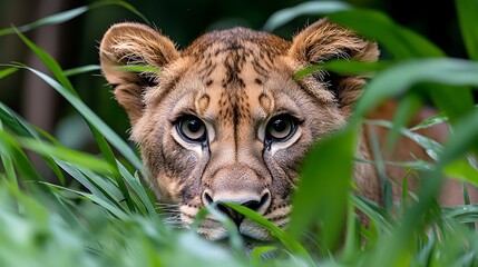 young lioness peering intently from tall green grass, showcasing its captivating eyes and tawny coat