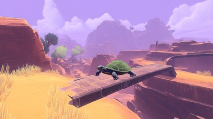 Sticker - A turtle crosses a narrow wooden bridge over a canyon in a desert landscape under a hazy sky.