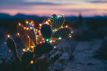 Wall Mural - Colourful Christmas lights illuminated on a cactus plant in the desert