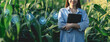 © Rawat - A young woman holding a tablet while standing in a cornfield, surrounded by digital environmental, technology, and sustainability icons. co2, innovative agricultural technology.