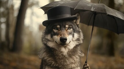 Poster - A wolf wearing a top hat and holding an umbrella in a forest.