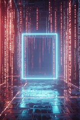 Wall Mural - An empty holographic frame projected midair, surrounded by floating binary code and faint neon beams of light 