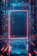 Wall Mural - An empty holographic frame projected midair, surrounded by floating binary code and faint neon beams of light 