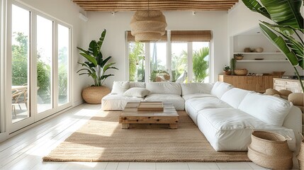 A living room with a dominant white color theme, featuring elegant, minimalist furniture design, natural wood accents, and a serene, bright atmosphere.