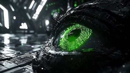 Cybernetic eye with green digital code in dark tech setting.