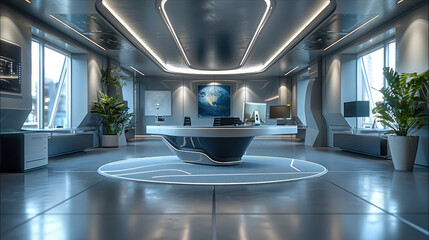 Canvas Print - Modern office interior from the future in grey and navy blue colors.