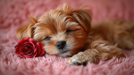 Cute puppy sleeping beside a beautiful rose on soft pink fur