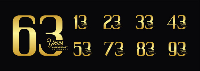 Wall Mural - Collection of Anniversary Logo Designs with gold numbers on a black background for celebration events, congratulations, invitations, 3rd to 93rd anniversary logos