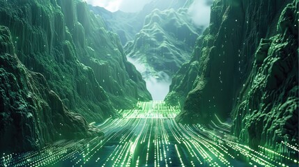 Aufkleber - Digital shiny data green center in mountain, tech.