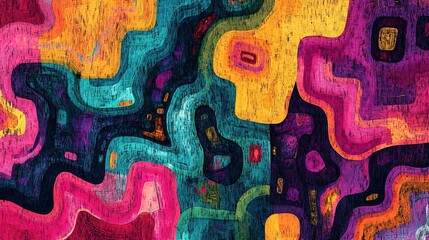 dynamic abstract map-inspired textures with vivid colors and maze-like patterns