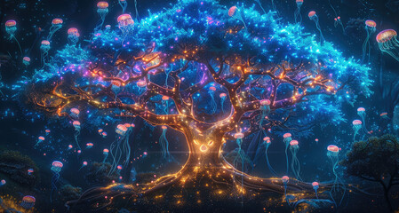 Aufkleber - A magical of a massive glowing sacred tree with shimmering bioluminescent branches in vibrant, surrounded by ethereal floating jellyfish-like creatures radiating soft neon light.