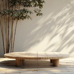 Aufkleber - A bamboo podium for product display with an Asian background. The wooden table is empty and ready to be used as the main stage for product.