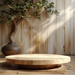 Aufkleber - A bamboo podium for product display with an Asian background. The wooden table is empty and ready to be used as the main stage for product.