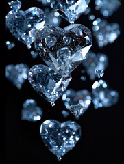 Fototapete - Falling many diamond hearts on black solid background.