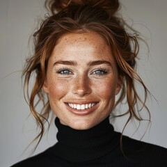 Wall Mural - A radiant smiling woman with a natural, joyful expression, soft freckles, and glowing skin. Her hair is tied back in a relaxed bun, wearing a black turtleneck.