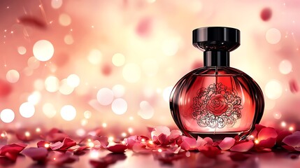 Wall Mural - Rose perfume bottle on petals with bokeh background for beauty ads