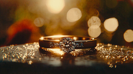 Close up of a stunning wedding ring on a glittering golden background symbolizing love commitment and elegance
