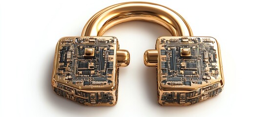 Fototapete - Advanced golden padlock with embedded electronic circuits, digital password security for confidential data protection, hightech fraud prevention system, secure network concept