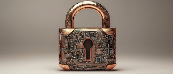 Fototapete - Advanced golden padlock with embedded electronic circuits, digital password security for confidential data protection, hightech fraud prevention system, secure network concept