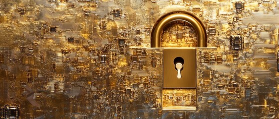 Fototapete - Advanced golden padlock with embedded electronic circuits, digital password security for confidential data protection, hightech fraud prevention system, secure network concept