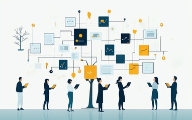 Poster - Complicated and chaotic management process, disorganized decision tree, messy business workflow, illustrating inefficiency and confusion in corporate structure