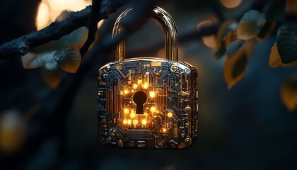 Fototapete - Futuristic golden padlock, embedded electronic circuits, symbolizing cuttingedge password security for fraud prevention and safeguarding confidential information
