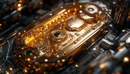 Fototapete - Futuristic golden padlock, embedded electronic circuits, symbolizing cuttingedge password security for fraud prevention and safeguarding confidential information