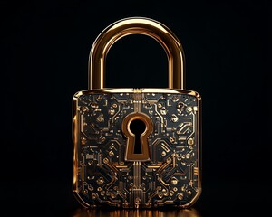 Fototapete - Golden padlock with advanced electronic circuits, digital password security design, ensuring fraud prevention and confidential data protection in a secure network