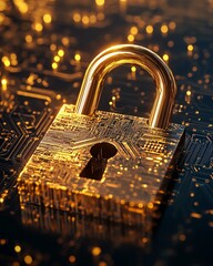 Leinwandbilder - Futuristic golden padlock with integrated electronic circuits, symbolizing password security technology, fraud prevention, and safeguarding confidential data in a digital network