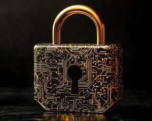 Leinwandbilder - Golden padlock with advanced electronic circuits, digital password security design, ensuring fraud prevention and confidential data protection in a secure network