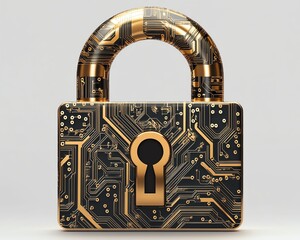 Poster - Golden padlock with advanced electronic circuits, digital password security design, ensuring fraud prevention and confidential data protection in a secure network