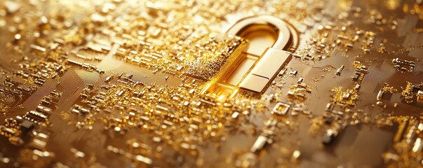 Poster - Golden padlock with electronic circuits, representing hightech password security technology, protecting sensitive data from fraud, secure data network concept