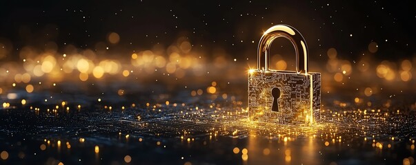 Fototapete - Golden padlock with electronic circuits, representing hightech password security technology, protecting sensitive data from fraud, secure data network concept