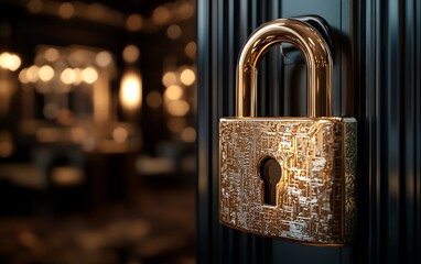 Poster - Golden padlock with embedded electronic circuits, nextgen password security technology, protecting confidential data from fraud, advanced data network security