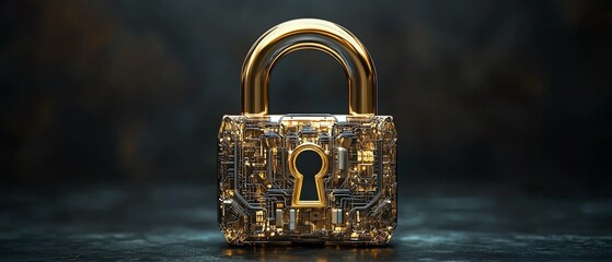 Leinwandbilder - Golden padlock with integrated electronic circuits, futuristic password security technology, protecting confidential data in a secure network, fraud prevention design