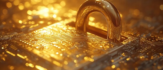 Poster - Golden padlock with integrated electronic circuits, futuristic password security technology, protecting confidential data in a secure network, fraud prevention design