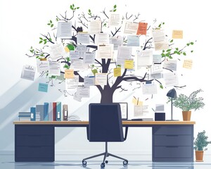Poster - Messy organization with tangled decision tree, chaotic business management, complex and convoluted processes, illustrating inefficiency and confusion in workplace dynamics