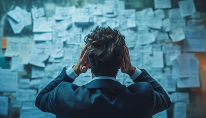 Poster - Overwhelming business process, disordered decision tree, complex and messy management structure, chaotic workflow creating confusion and frustration in a corporate setting